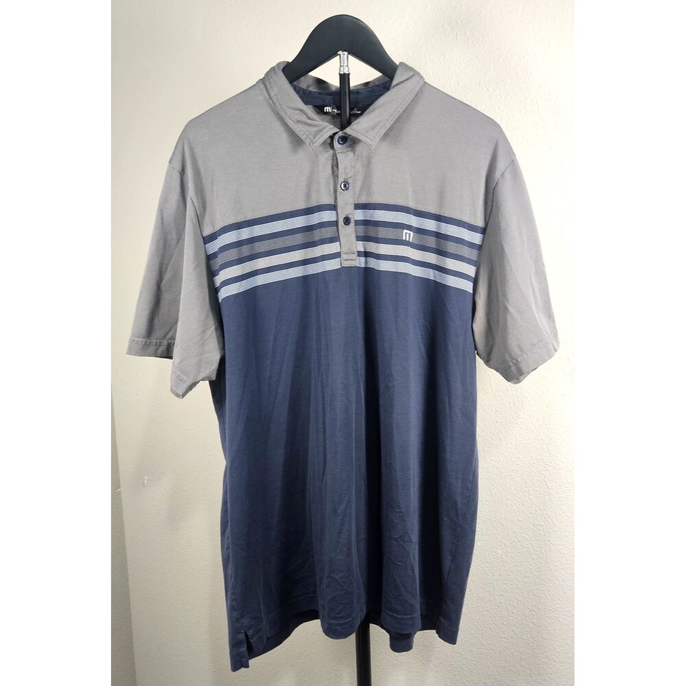 TravisMathew Polo Shirt Mens XL Gray Blue Stripe Pima Cotton Golf Casual